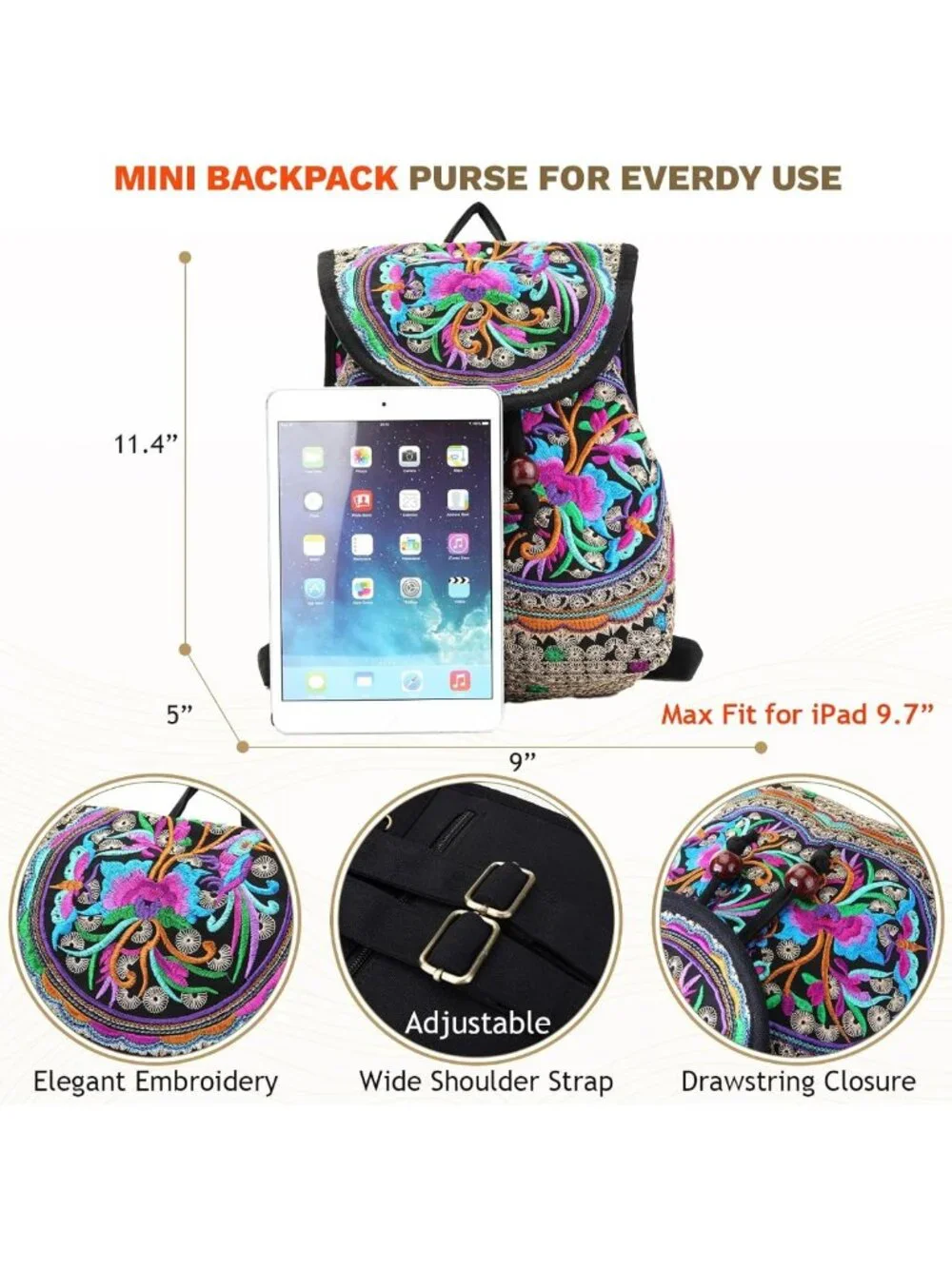 Embroidered Floral Backpack Purse for Women | Lightweight Canvas Boho Daypack